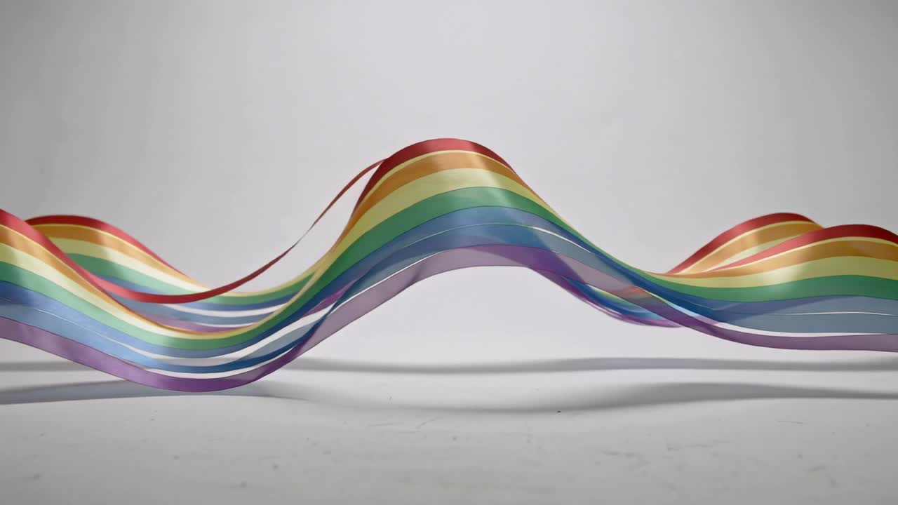Langes Regenbogenband reagiert auf Wiedergabe, wellt sich über eine weiße Kulisse und wirft einen Schatten für das Branding.