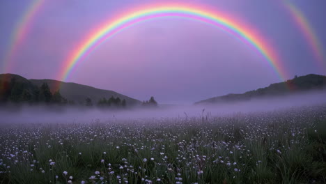 double rainbow over misty mountain valley