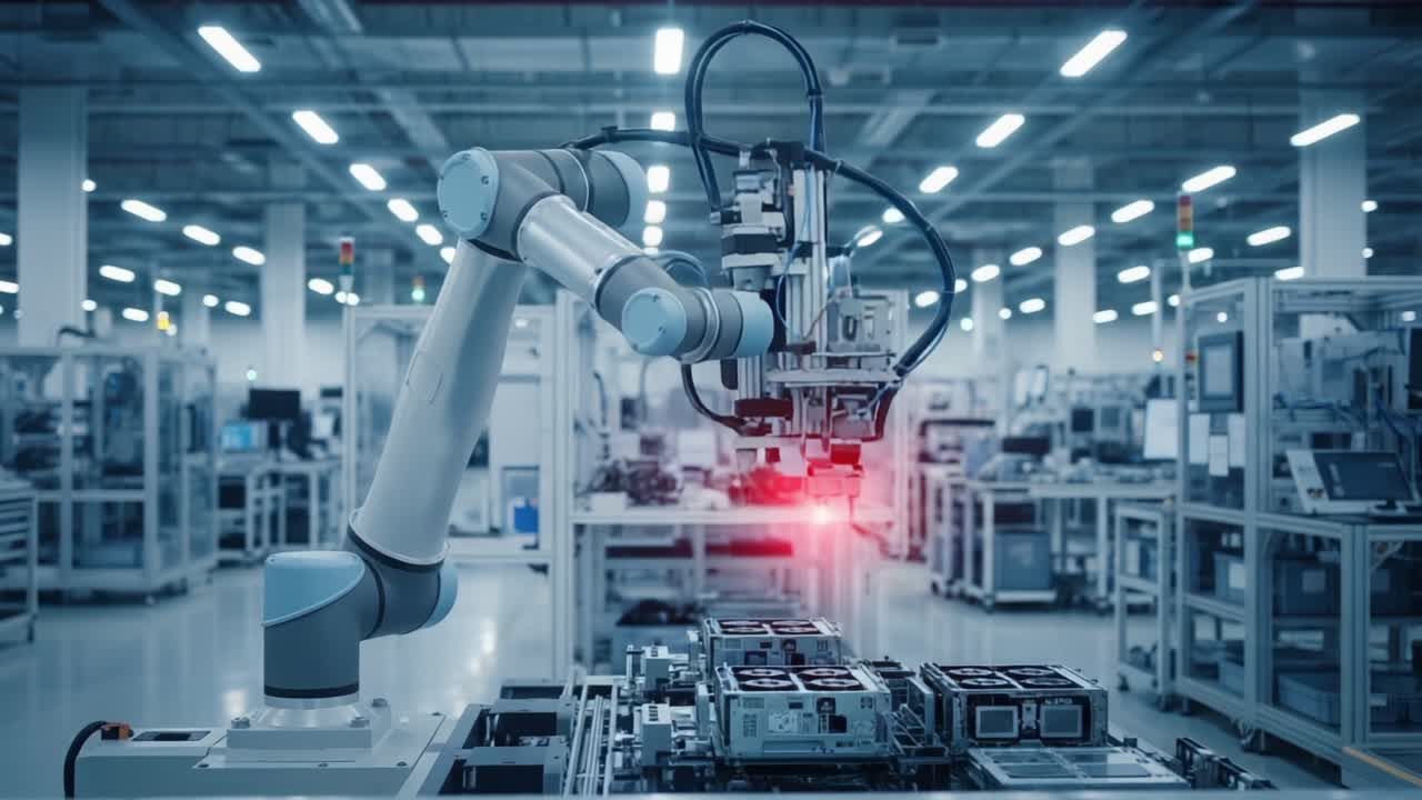Advanced Robotic Arm Engaged in Precision Assembly Operations in a Modern Factory Environment, Demonstrating Automation and Industrial Innovation in Manufacturing Processes