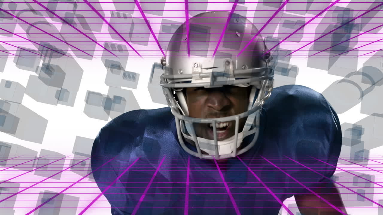 Football player in blue uniform with digital grid and cubes animation