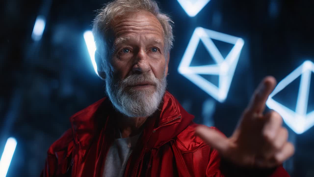 A Wise and Expressive Elderly Man in a Striking Red Jacket Gestures Thoughtfully Amidst a Dramatic Background of Geometric Neon Shapes, Capturing a Moment of Insight and Experience