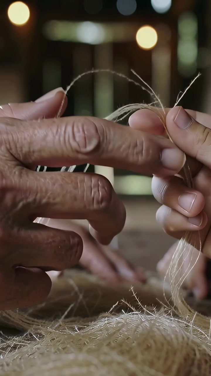 Vertical video: Grasping tuft starting mentor and mentee hands teasing fibers at bench for lesson