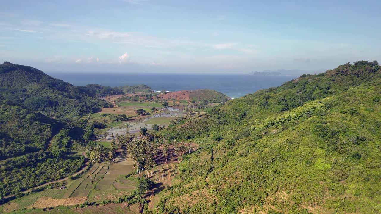 Flyover lush agricultural field plots toward Mawi Beach on Lombok, IDN