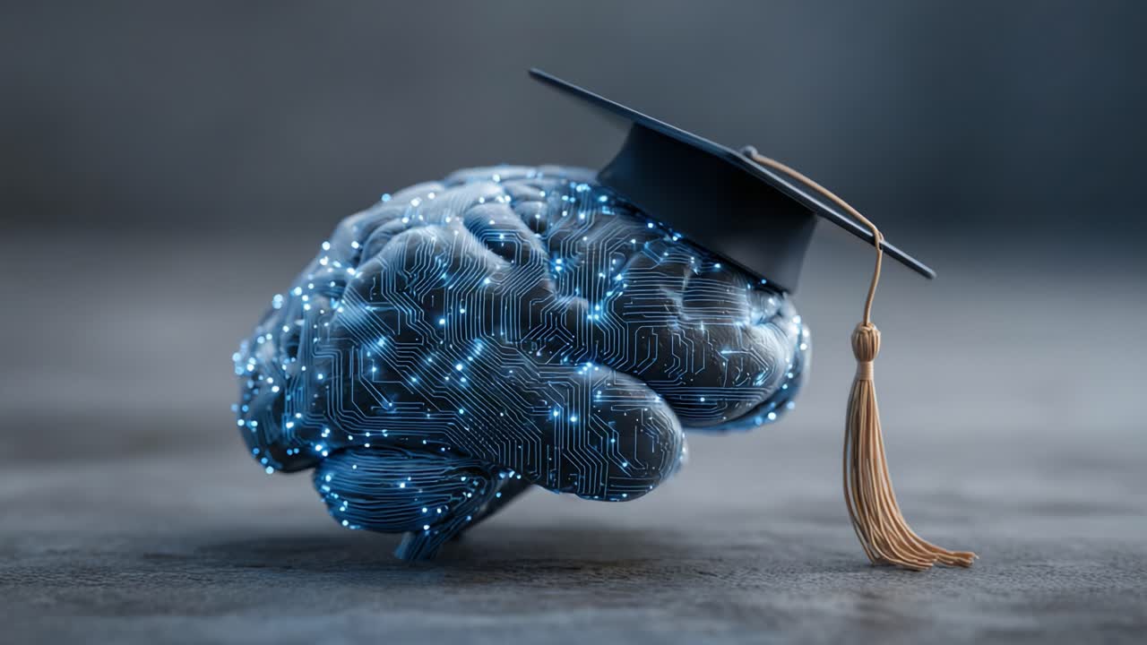 A Futuristic Representation of Intelligence and Knowledge: A Digital Brain Adorned with a Graduation Cap Symbolizing Academic Achievement and Technological Advancements