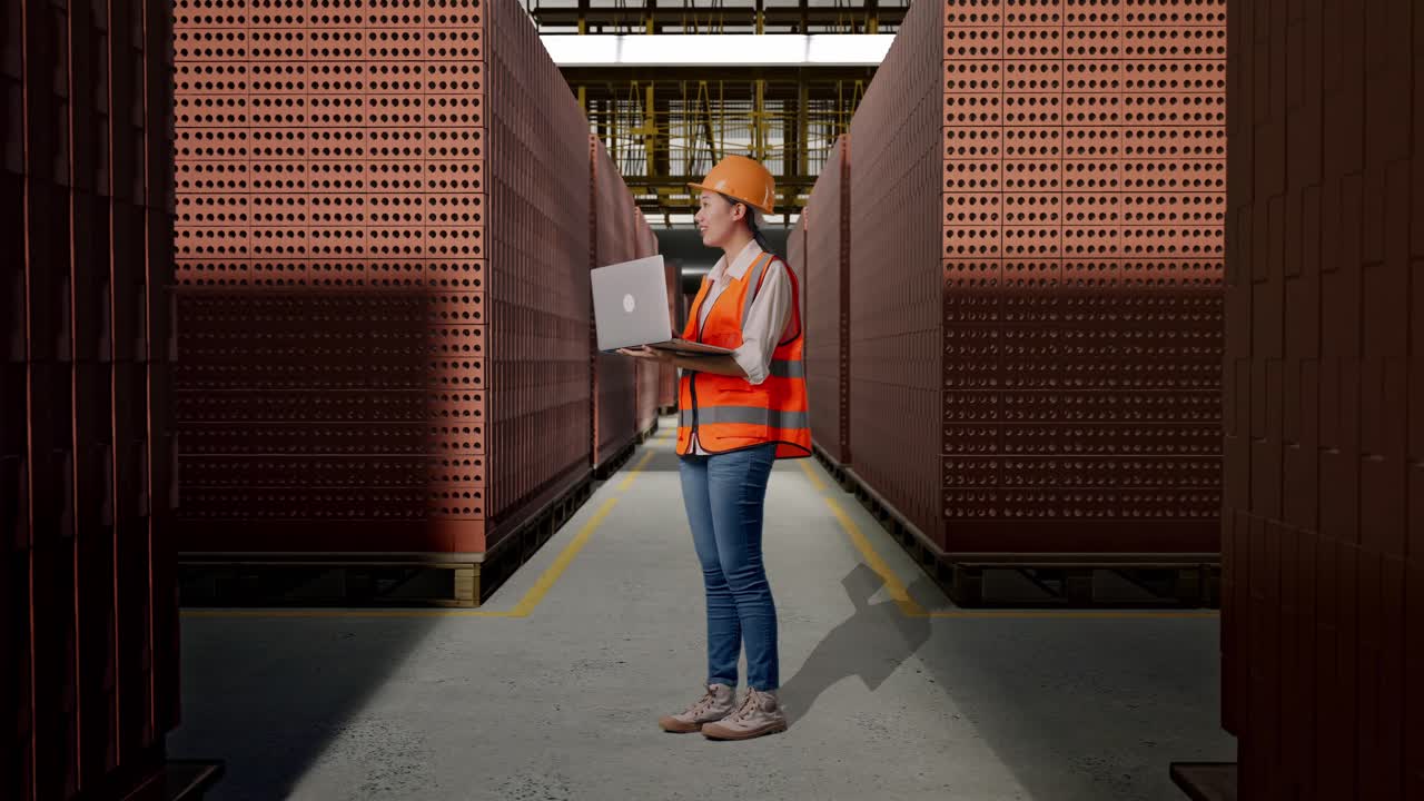 Full Body Side View Of Asian Female Engineer With Safety Helmet Working On A Laptop And Looking Around While Standing With Red Brick Packed in Stacks Are Stored