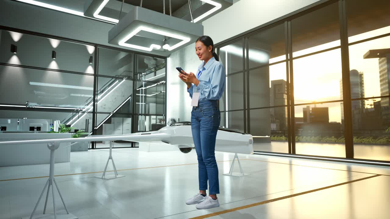 mujer en una oficina moderna con un dron personal