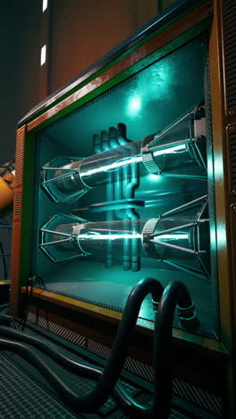 futuristic machine with glowing green and blue lights