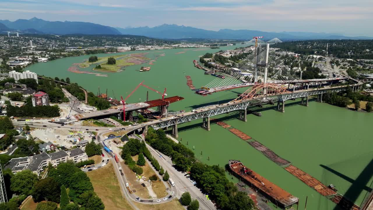 Aerial View Of Fraser River With Patullo Bridge And Replacement Bridge In Metro Vancouver, BC, Canada