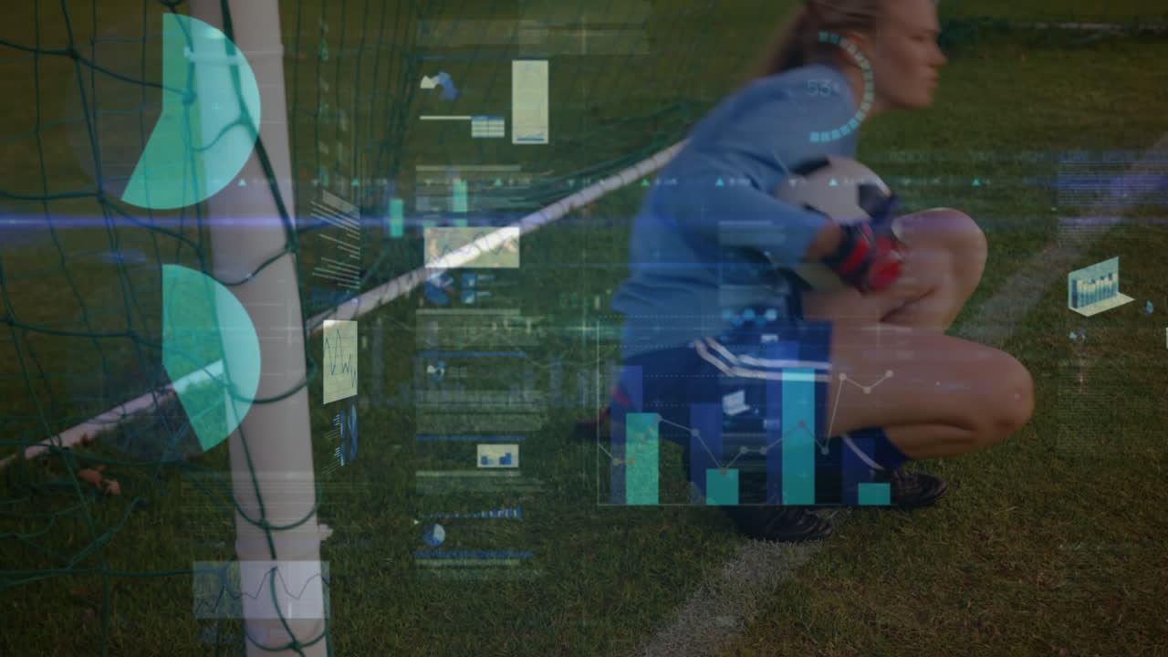 animación del procesamiento de datos sobre una jugadora de fútbol caucásica