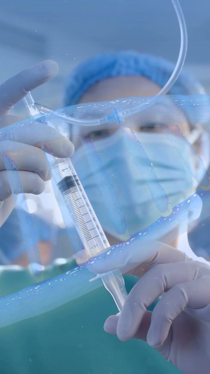 Video verticale: Infermiera che prepara una siringa e allinea i tubi per un'infusione medica, sotto una sovrapposizione blu.