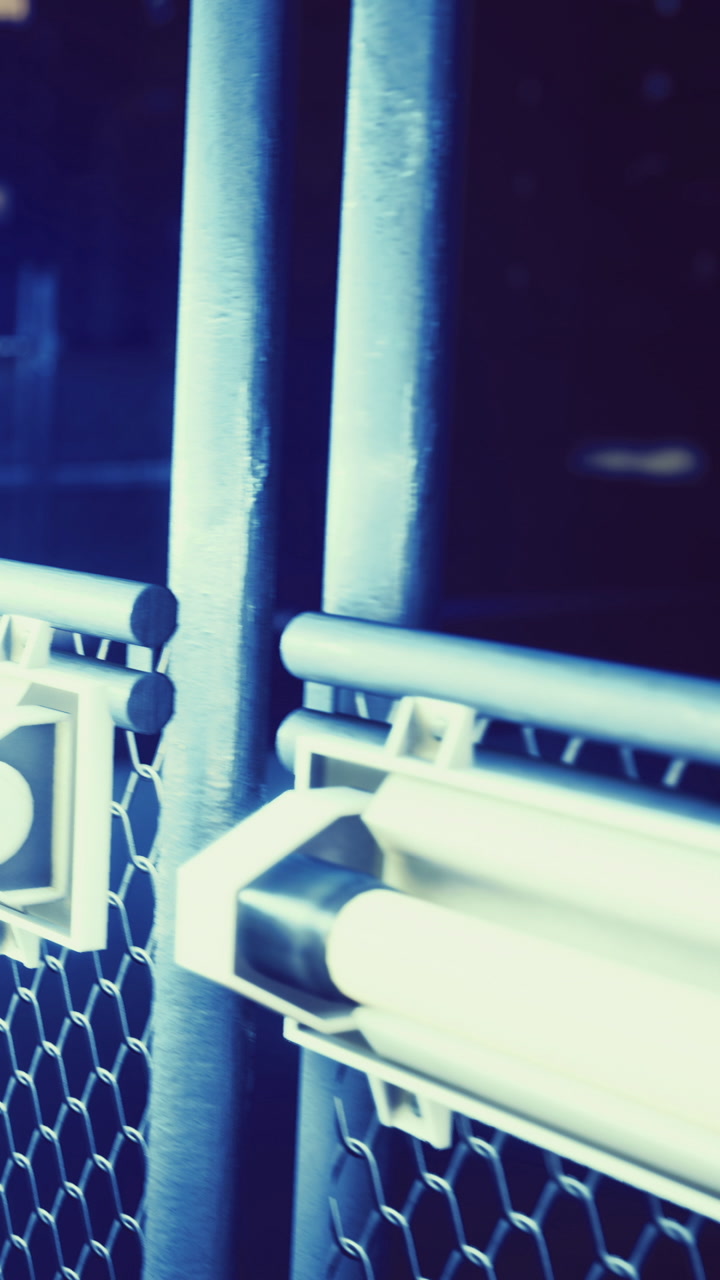 Bright light reflects on a metal fence at night in an urban area