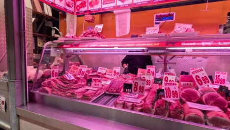 various meats displayed with price tags