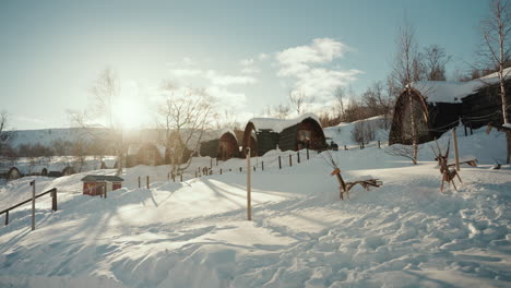 Slow-motion-panning-view-of-Kirkenes-snow-hotel-in-Norway,-above-the-arctic-circle