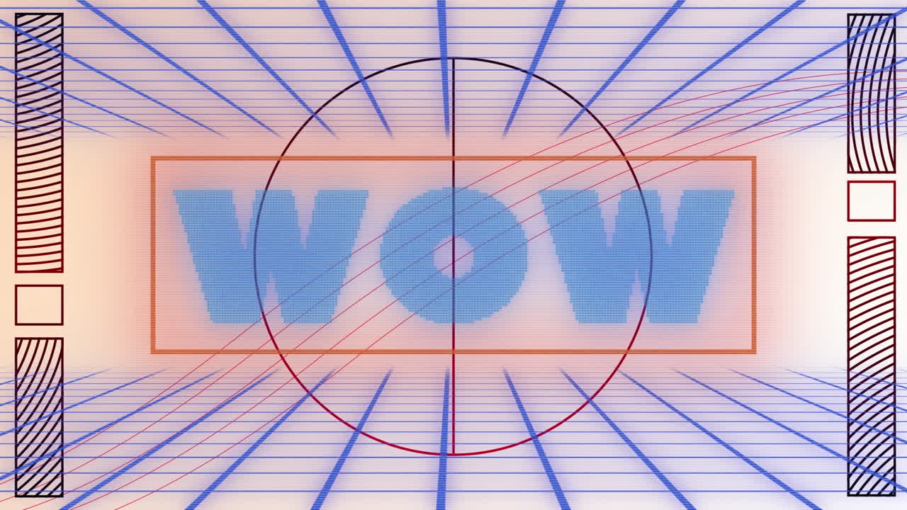 핑크색 배경에 대한 그리드 네트워크를 통해 와우 텍스트 배너와 추상적인 모양의 애니메이션