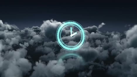 Animation-of-clock-with-moving-hands-over-cloudy-sky