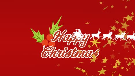 Animation-of-golden-stars-over-happy-christmas-text-banner-against-red-background