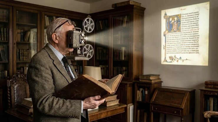 Uomo che legge un manoscritto miniato proiettato da un proiettore cinematografico