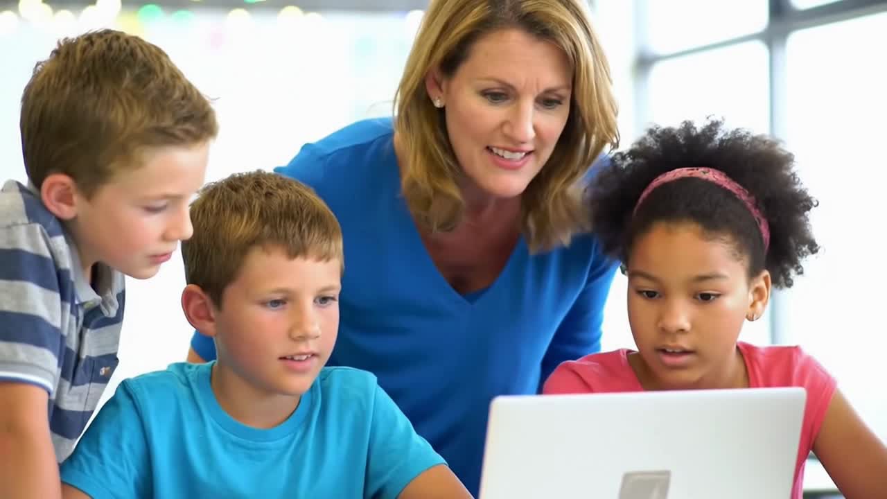 A woman is helping a group of children with a laptop