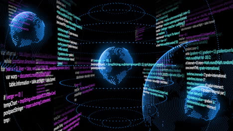 Digital globe surrounded by programming code and data processing animation