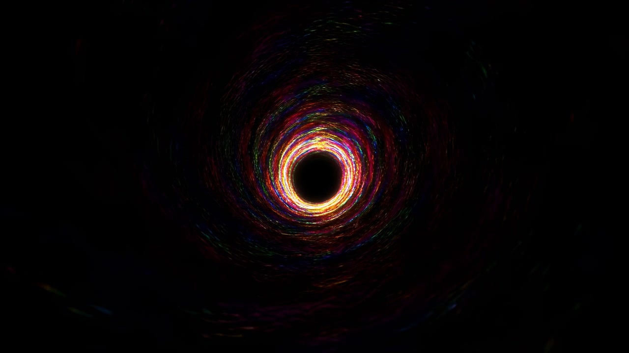 Farverig hvirvel danner sort hul-tunnel, prismatisk ring snoer sig ind i mørkt centrum med hvirvlende partikler