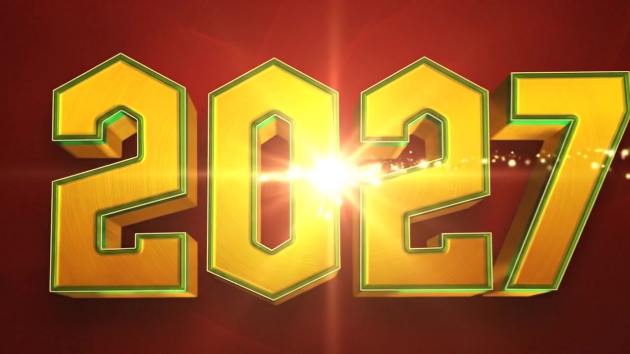 Animazione del numero "Capodanno 2027" con testo dimensionale rosso e giallo su sfondo scuro