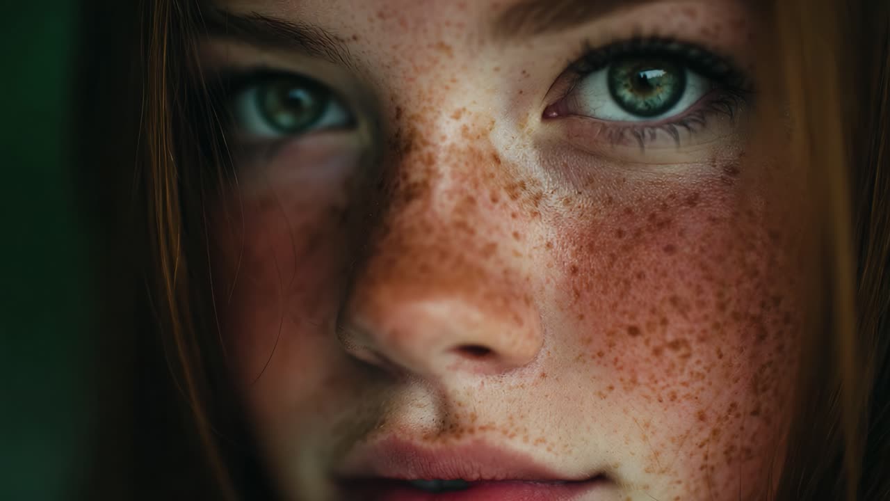 Captivating Portrait of a Young Woman with Freckles and Striking Green Eyes, Revealing Intense Emotions and Natural Beauty in Close-Up Photography