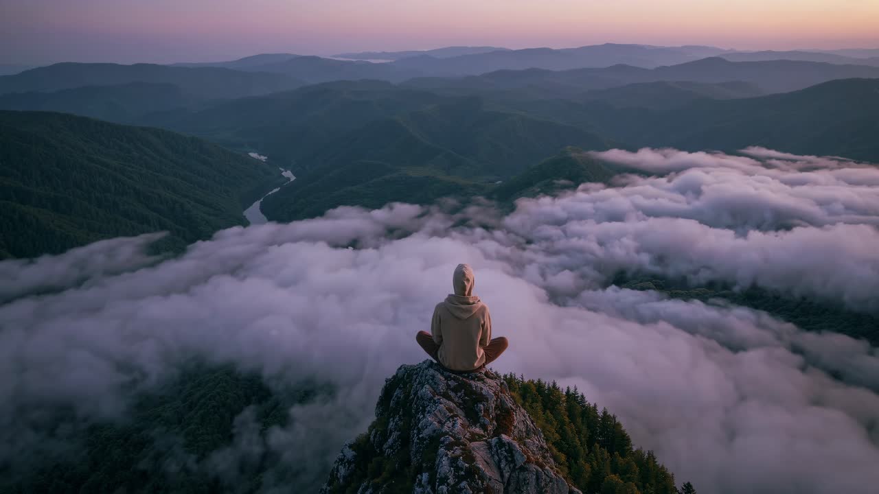Aerial view of a person meditating on a mountain peak above clouds at sunrise, capturing a serene