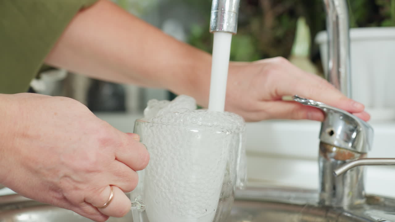 Close up of person filling transparent glass with running water from kitchen faucet, water splashing energetically as cup gets full, hand adjusting tap place glass on countertop