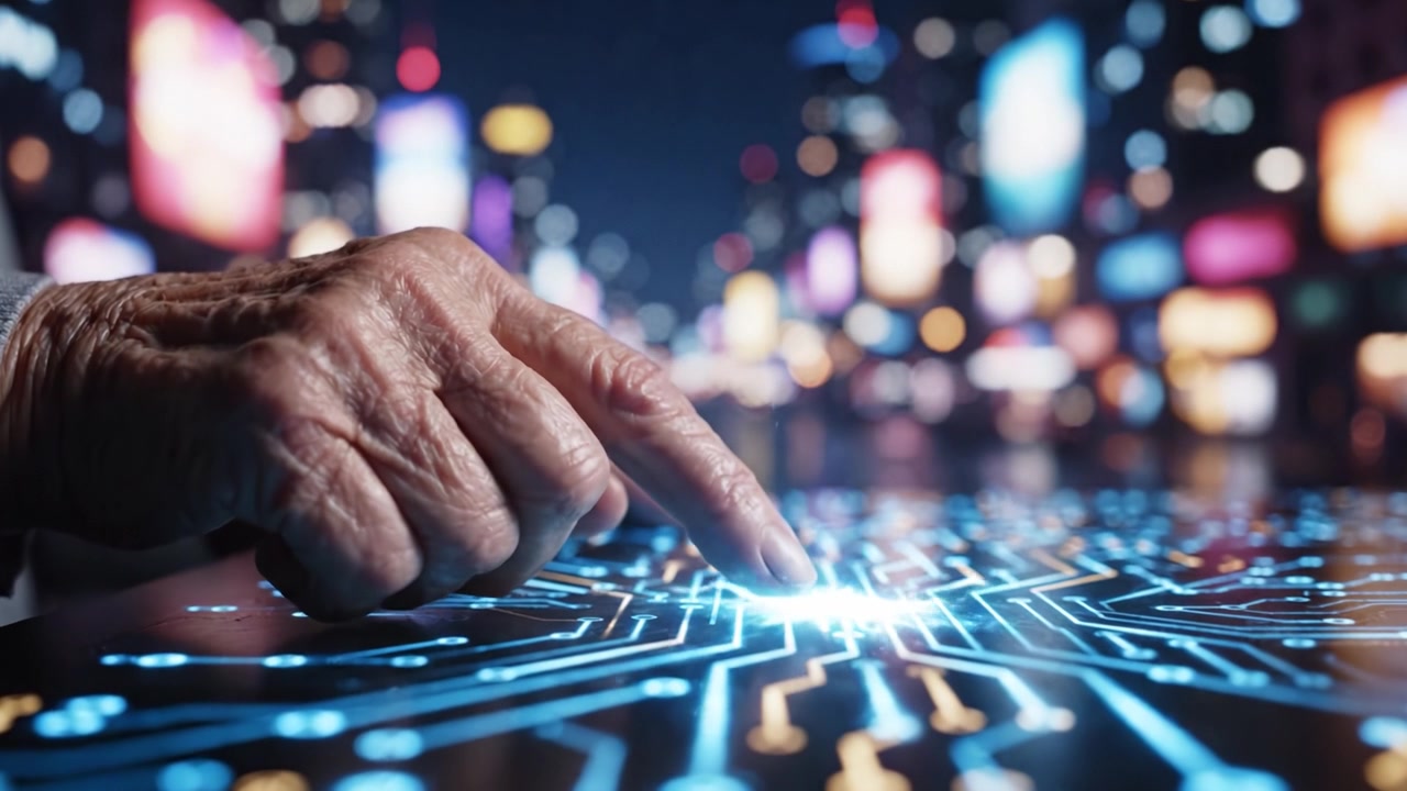 An Enigmatic Journey Through Technology: A Hand Connecting to a Digital Network with Vibrant Lights and Electric Energy in a Futuristic Cityscape
