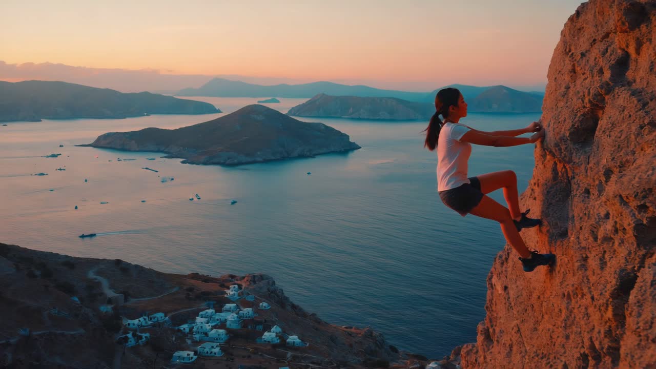 Woman rock climbing on a cliff by the sea at sunset