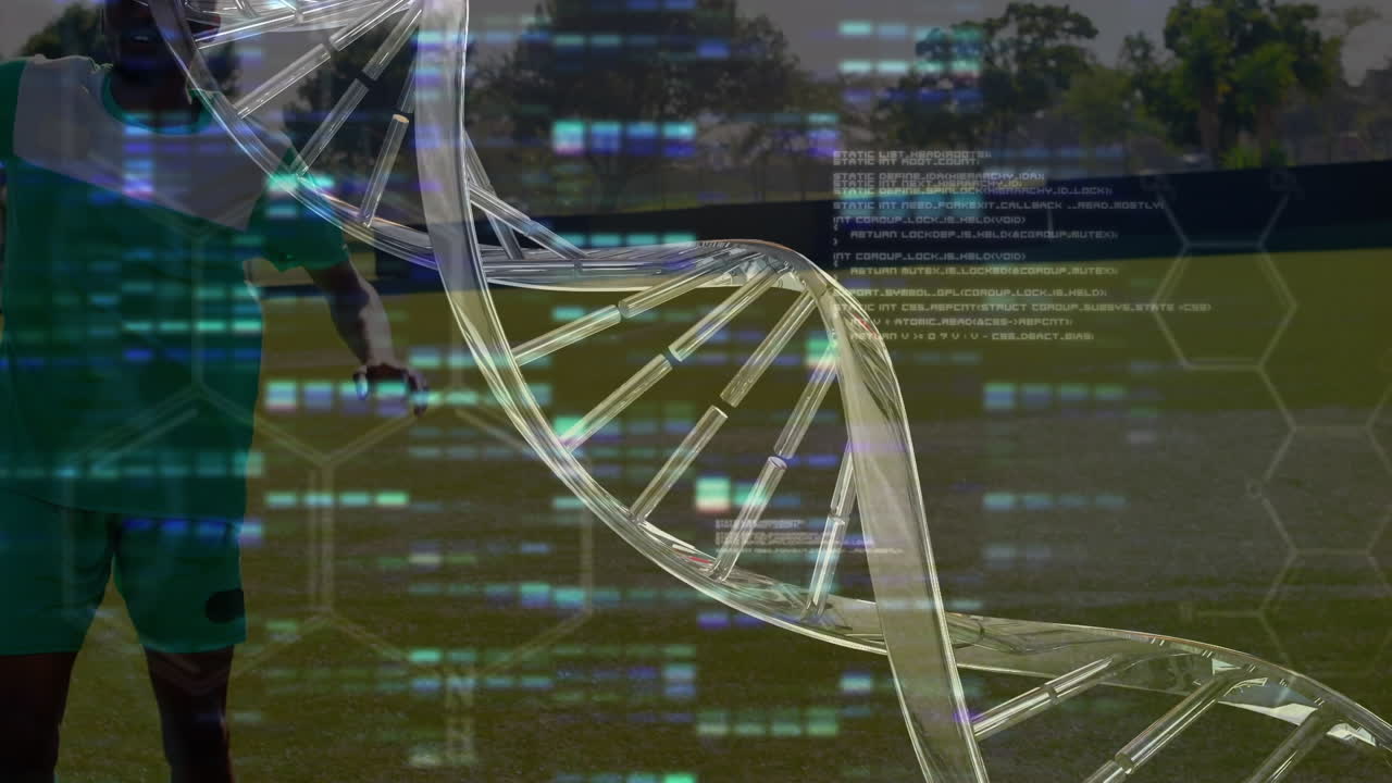 Animation of dna strand and data processing over diverse football players on stadium