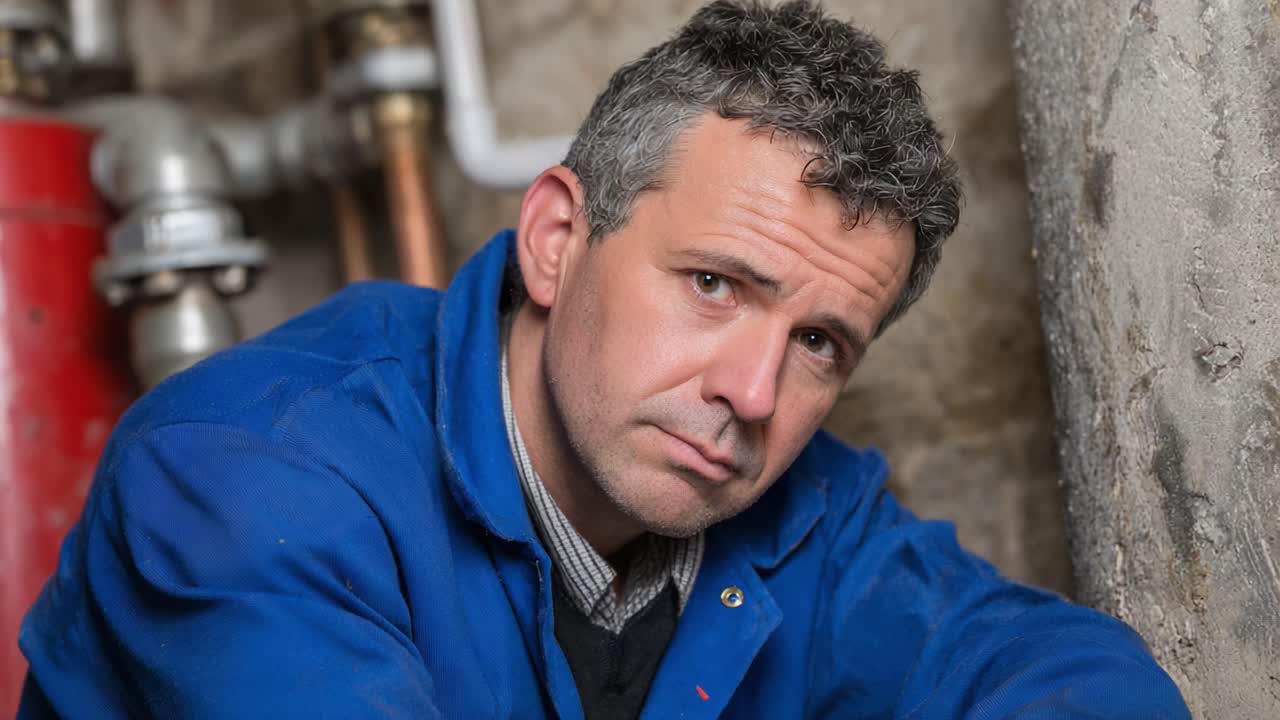 A Plumber's Focus: Capturing the Determined Expression of a Skilled Tradesman Hard at Work in a Domestic Setting Under Renovation