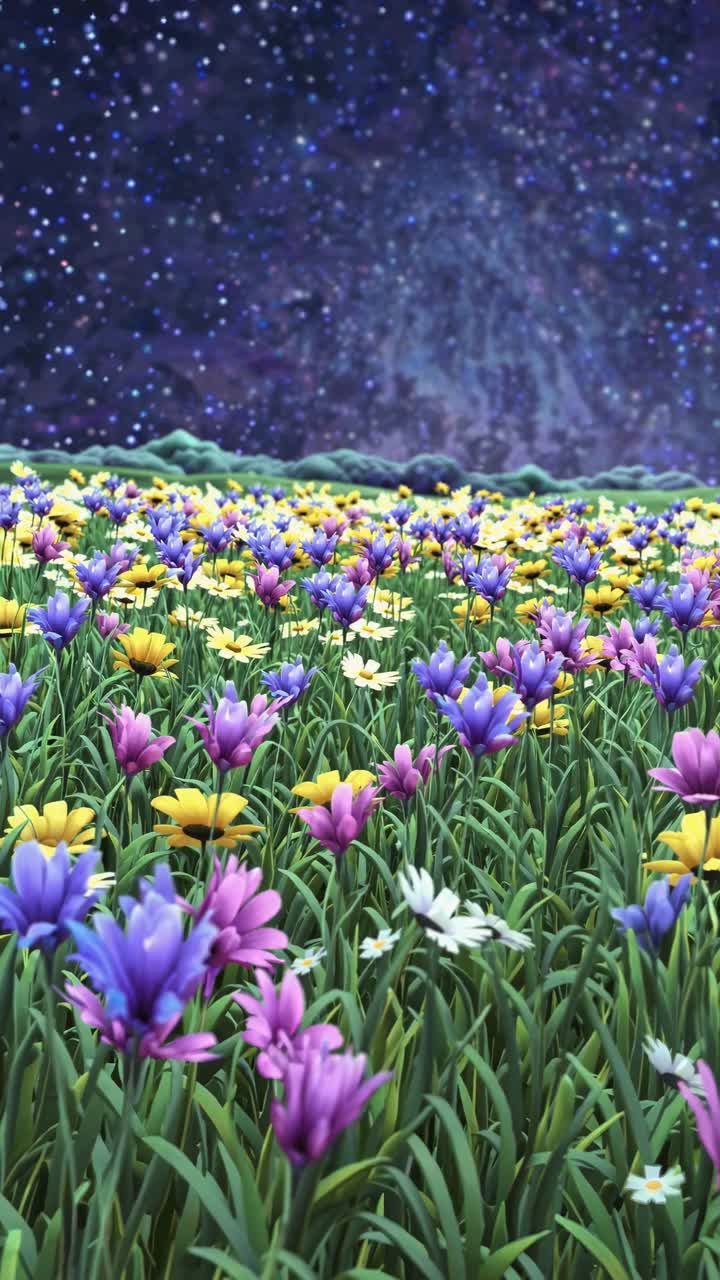 A vibrant field of colorful flowers under a starry night sky, captured from a low angle
