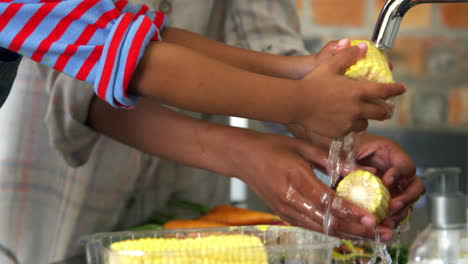 Daughter-Helping-Mother-To-Prepare-Vegetables-For-Meal