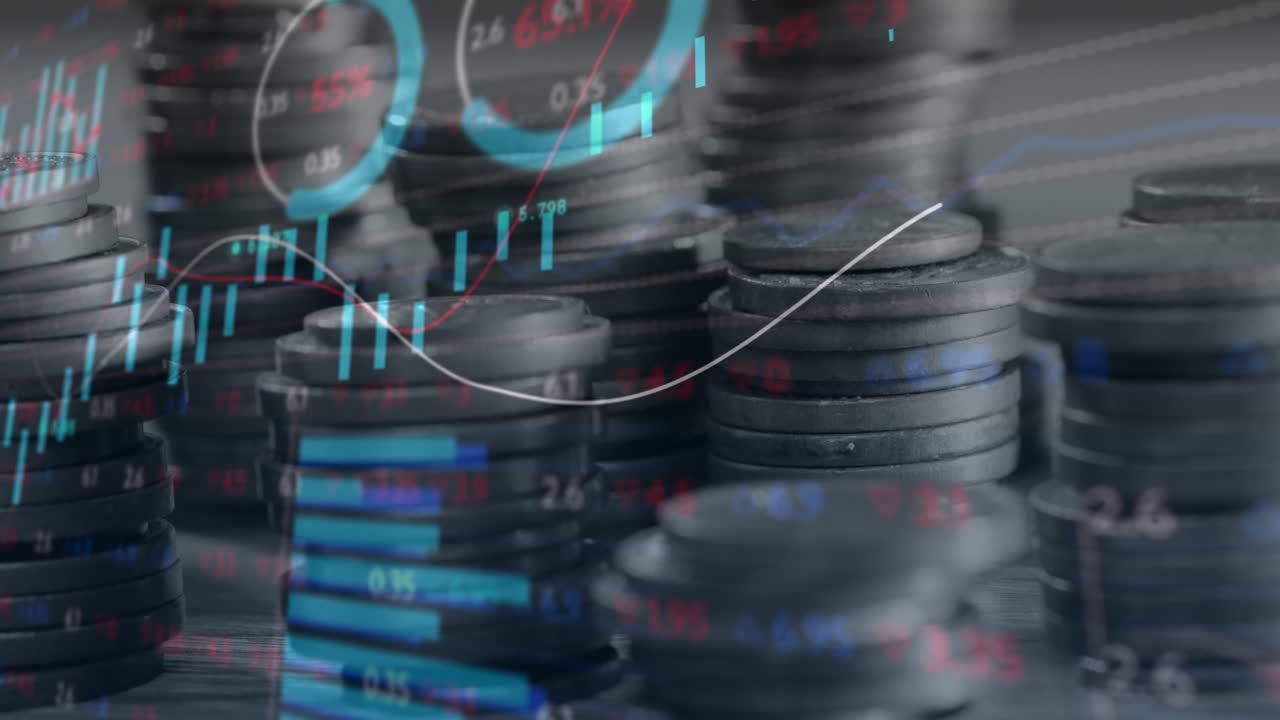 積み重ねられた硬貨の上での金融データ処理のアニメーション