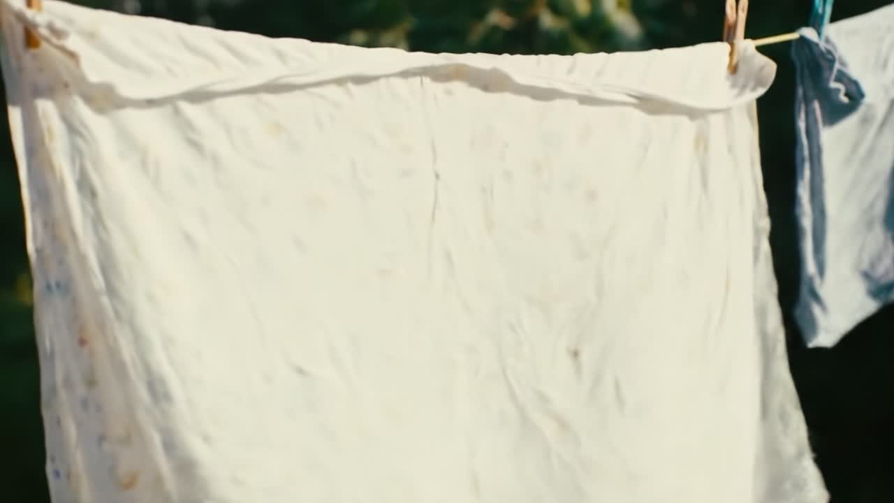 Clothes hang on a line in a backyard, gently swaying in the wind. The bright sunlight illuminates the fabric, creating a tranquil atmosphere.