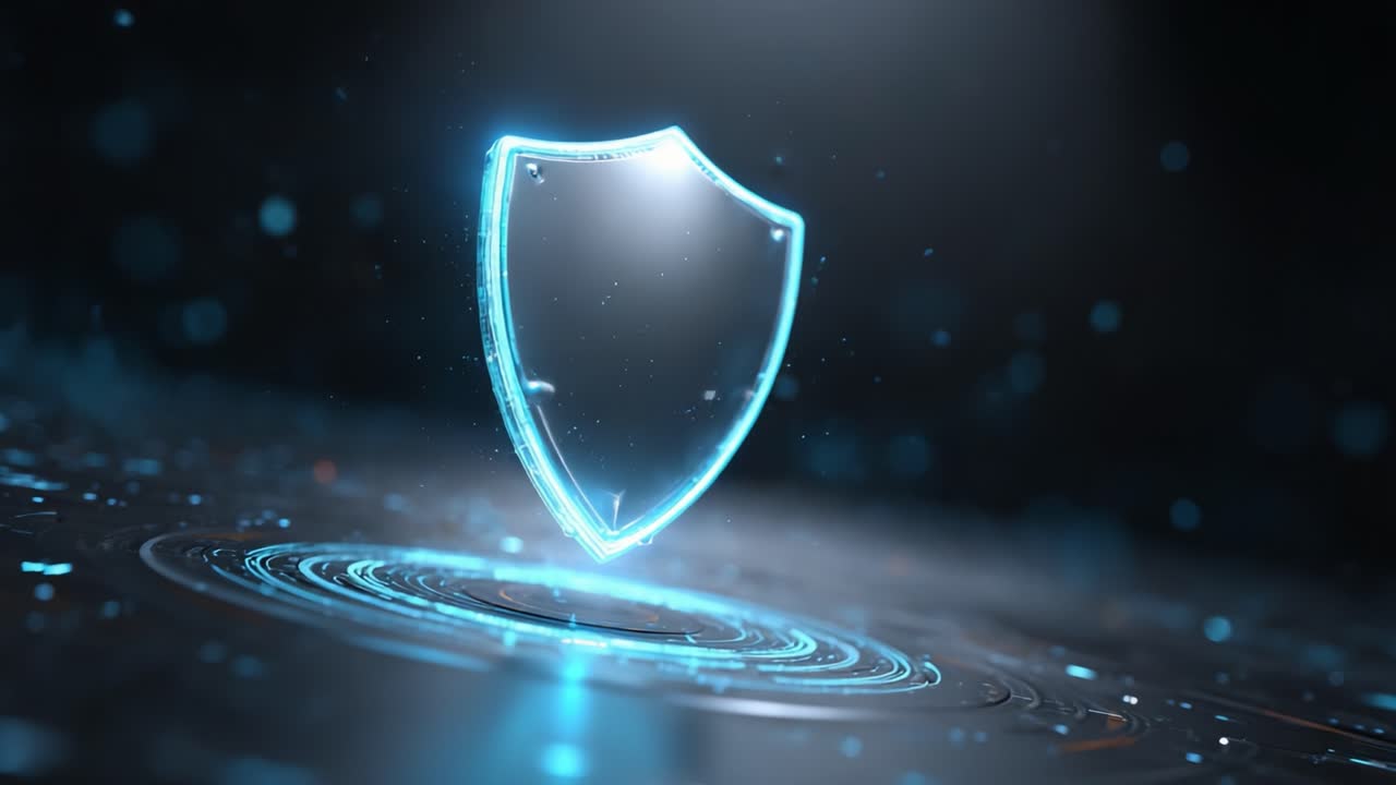 A Futuristic Shield Emblem Glows Against a Dark Background, Symbolizing Security and Protection in a Digital Realm, Highlighting Modern Technology and Innovation