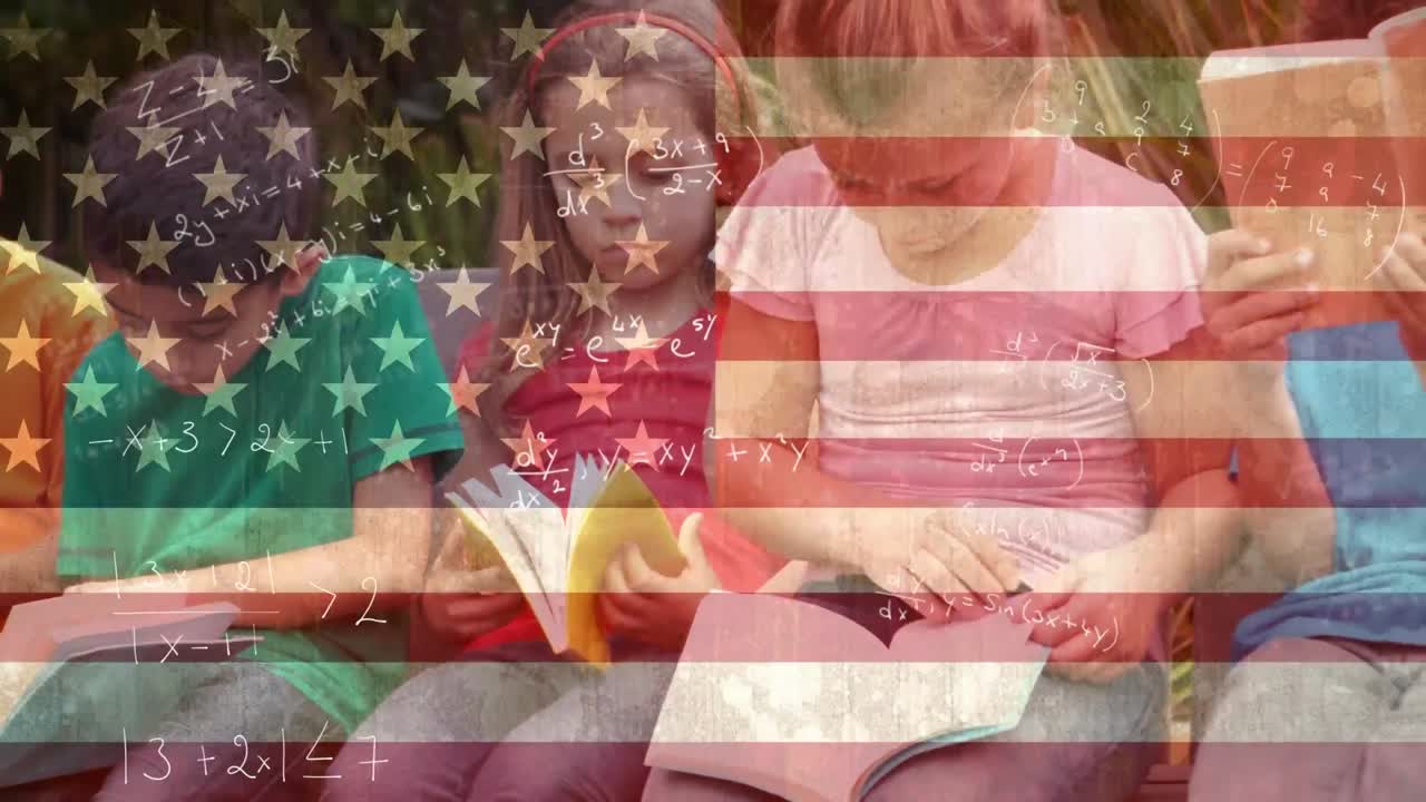 animación de ecuaciones matemáticas y bandera de los ee.uu. sobre diversos escolares.