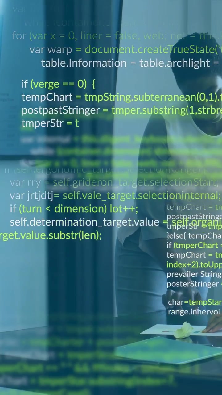 Woman placing hands on office desk, reading documents as green code overlay rising masking view