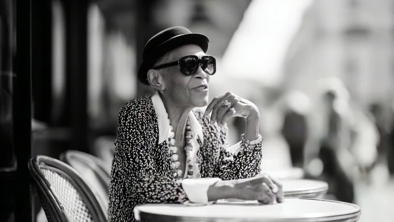 Captivating Elegance: A Stylish Elderly Woman in Chic Attire Relaxing at a Café, Radiating Joy, Confidence, and Timeless Fashion in a Black and White Aesthetic