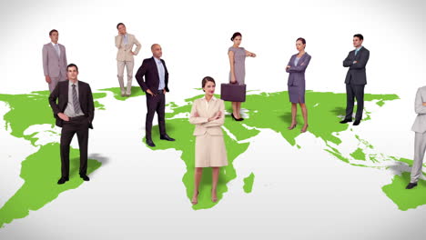 business team standing on world map