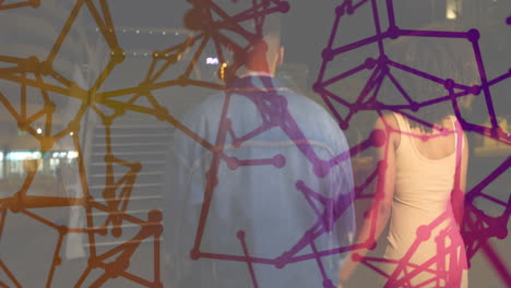 Network of connections and data processing animation over couple walking at night