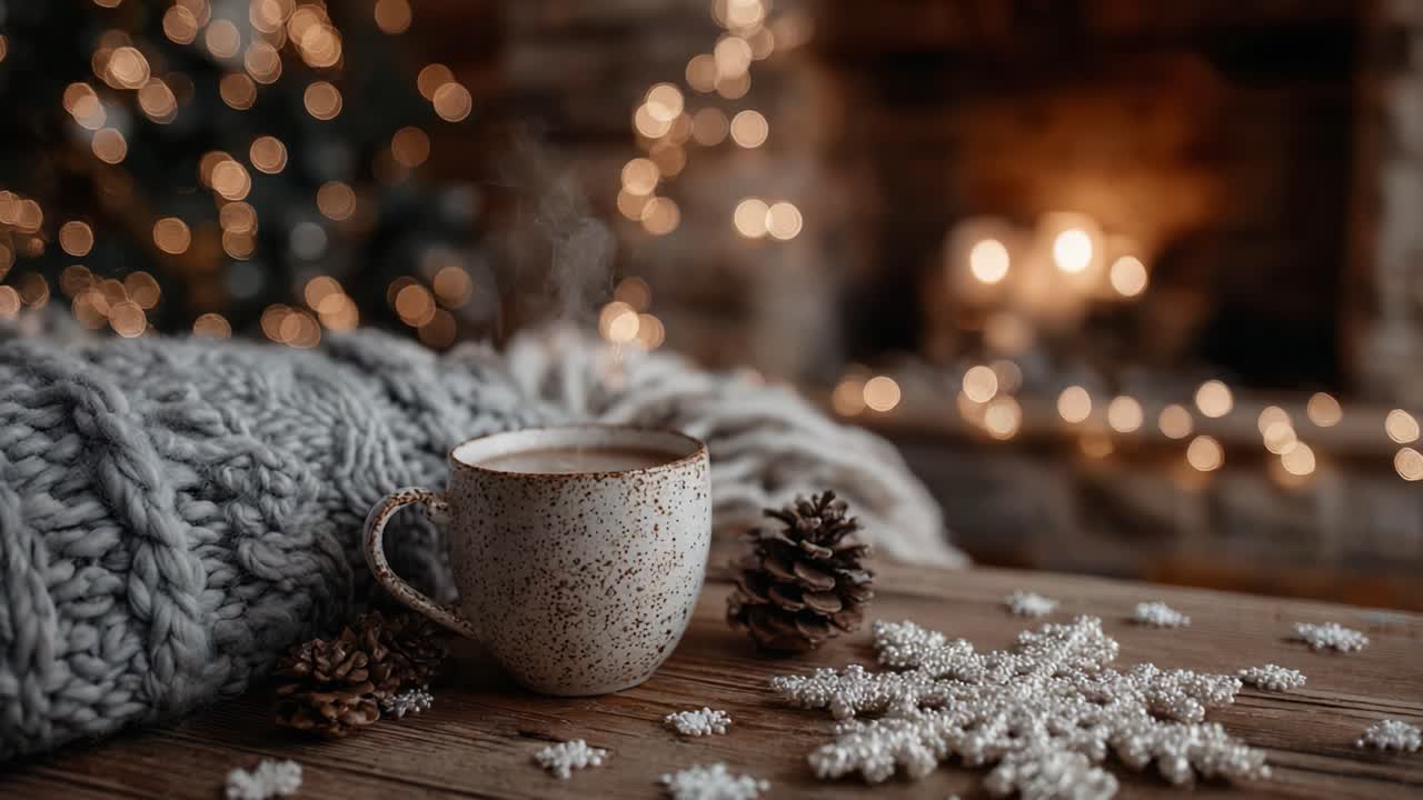 A Cozy Winter Scene Featuring a Warm Cup of Beverage, Soft Knitted Blanket, and Beautiful Decorative Elements Amidst a Softly Lit Background of Twinkling Lights