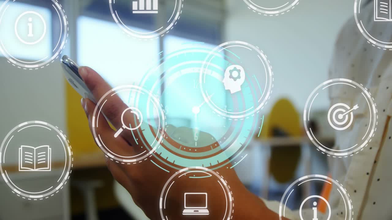 Woman holding phone, right thumb positioning, HUD fading, icons rotating, tapping to open work apps