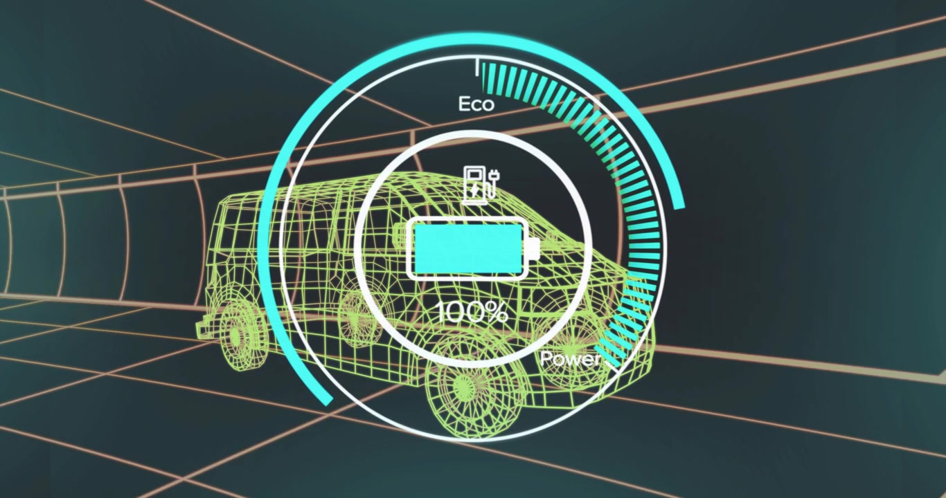Starting 5% charge, HUD battery icon charging and discharging over wireframe van showing eco cycle