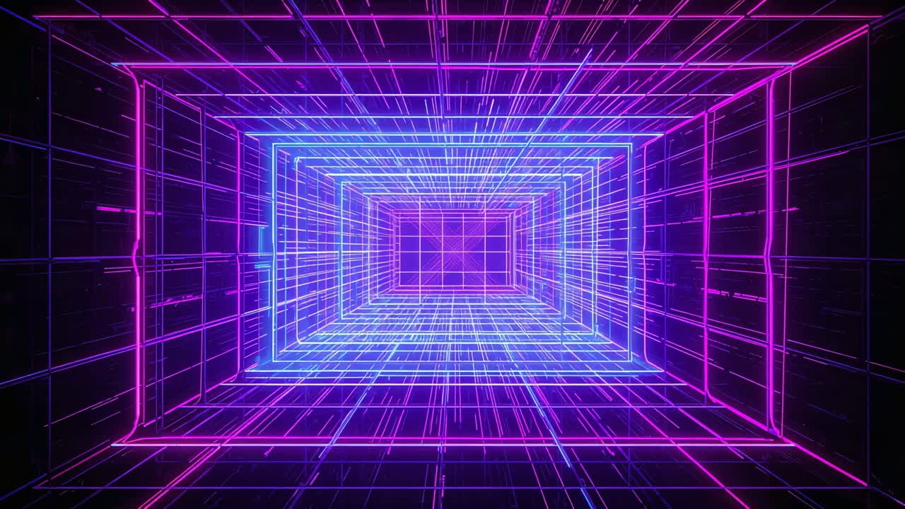 Tunnel wireframe al neon pulsante su fotogrammi che proiettano striature attraverso il vuoto, bordi rosa, fotogrammi blu
