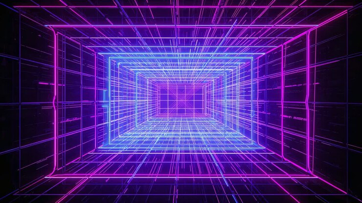 Pulsing neon wireframe tunnel over frames casting streaks through void, pink edges blue frames