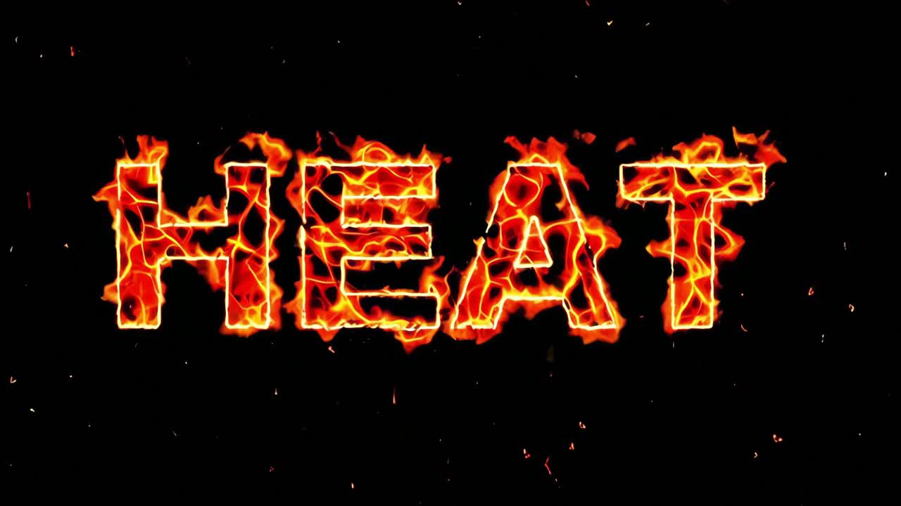 Fiery letters composing the word heat burning with intense flames on a black background, conveying a sense of extreme temperature and potential danger