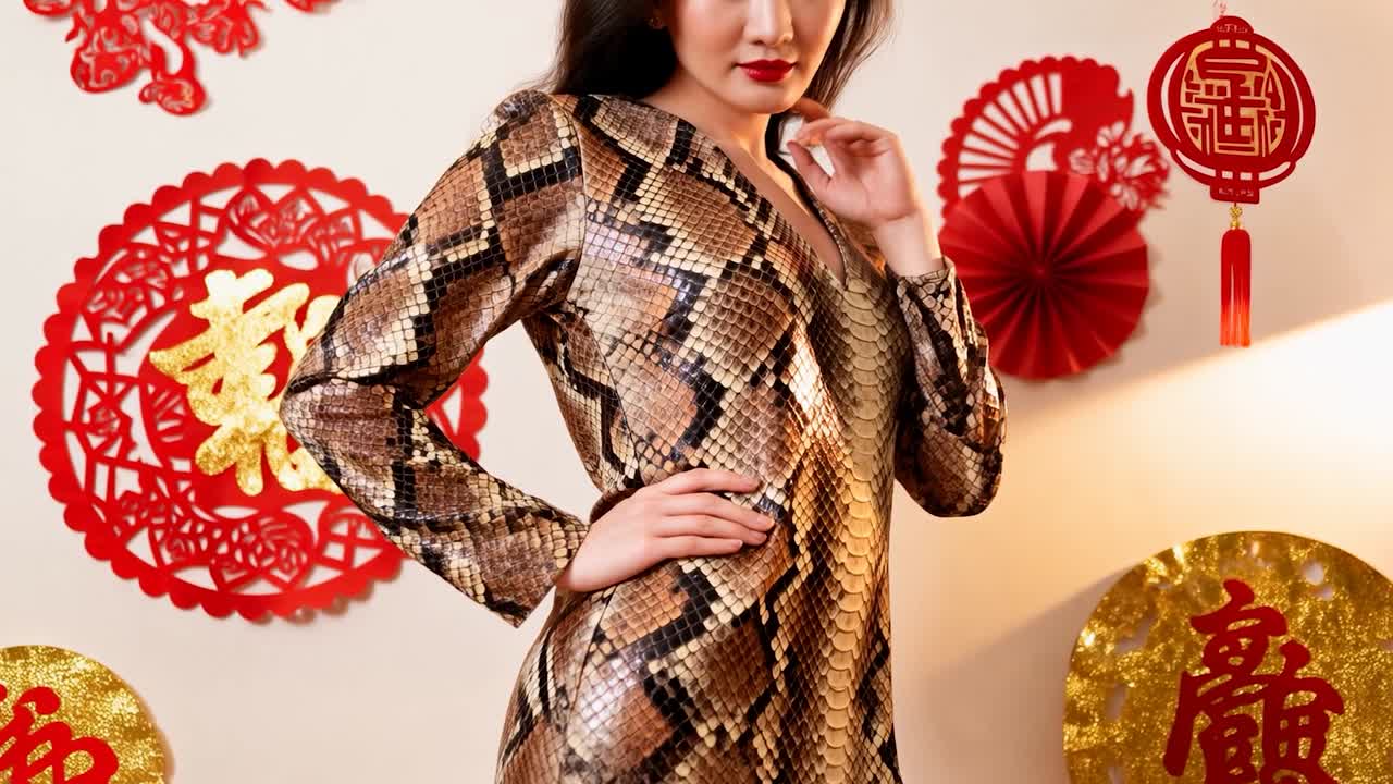 Kamerarahmung: Asiatische Frau geht in einem dekorierten Studio in eine gelassene Haltung über und trägt ein Kleid mit Schlangenmuster