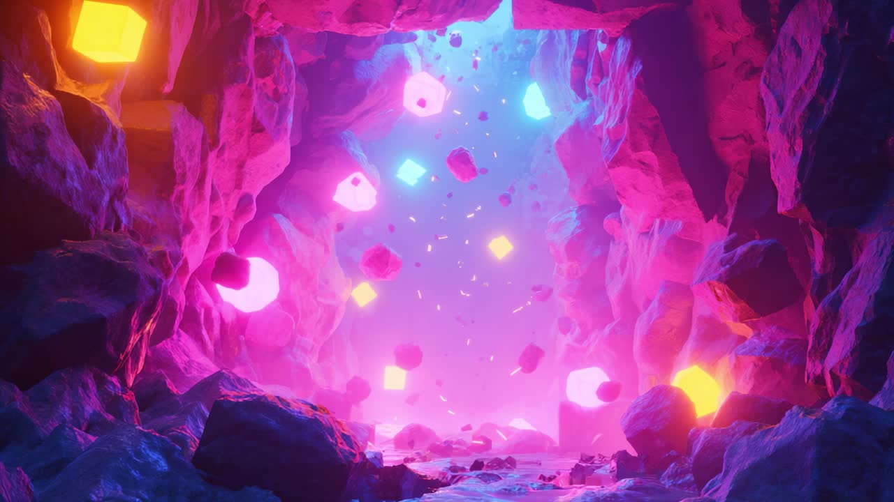 Explore the Depths of a Vibrant Cave Filled with Glowing Crystals and Floating Cubes, Illuminated by Stunning Colors in a Captivating 3D Animation of Mystical Beauty